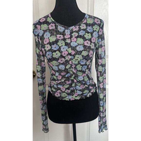 Womens Monki Long Sleeve Mesh Top With Gather On Front Size Small - Picture 1 of 3